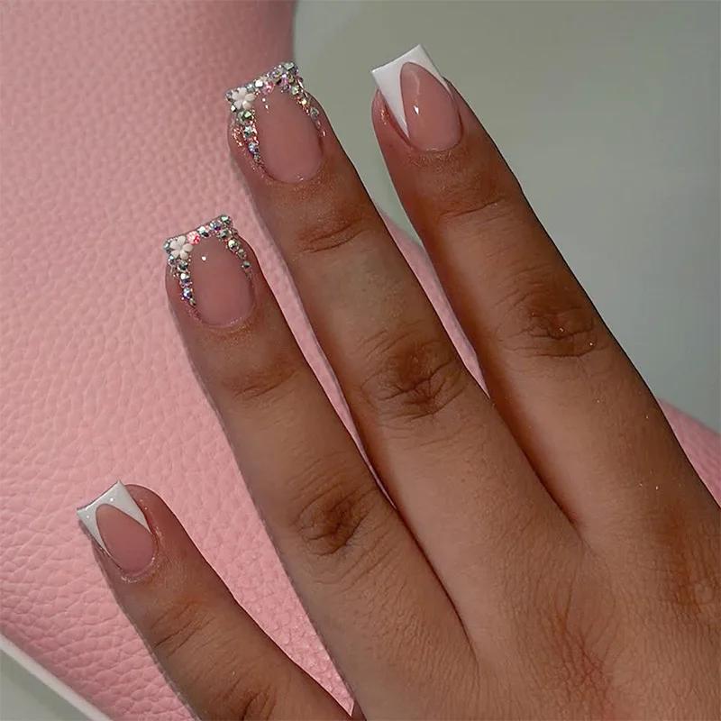

24Pcs Short Square Press On Nails, Nude Pink with White French Tips & Rhinestone Fake Nails for Women United States