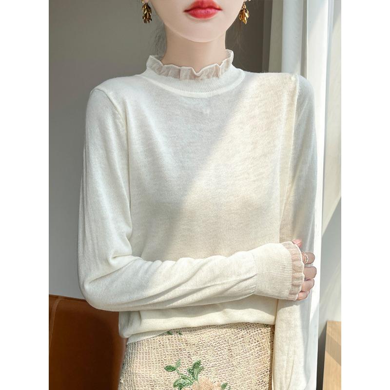 

Semi-turtleneck fungus edge lace splicing knitted sweater women s autumn and winter new sweater inner and outer wear bottoming shirt thin S