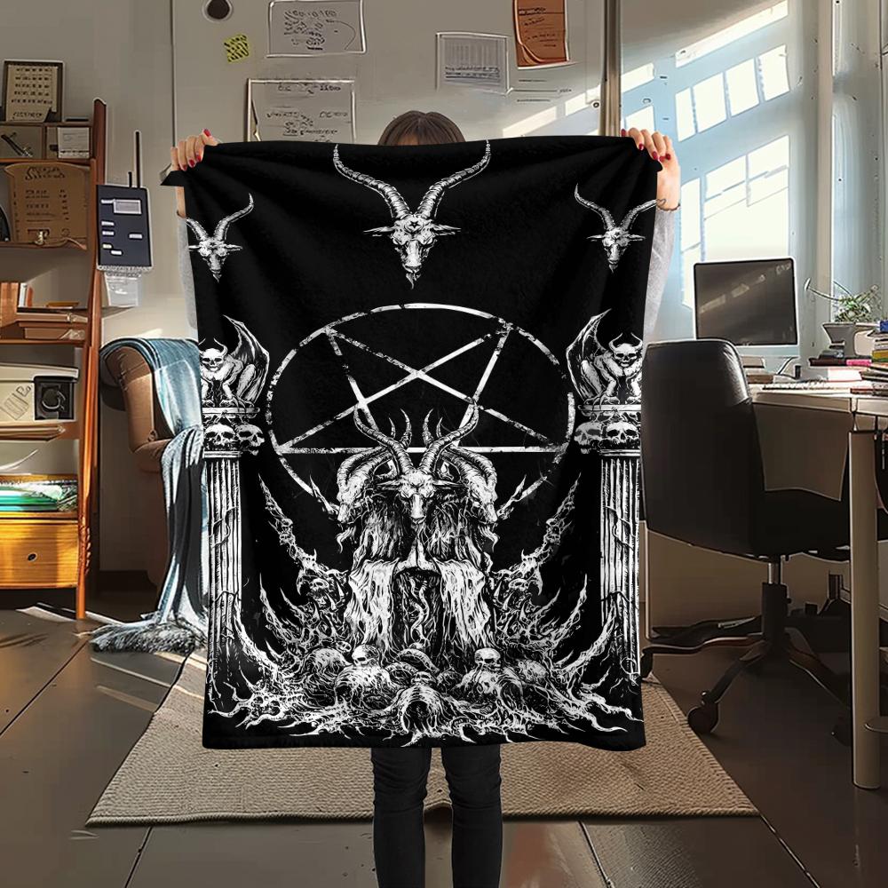 1Pc Skull Satan Print Flannel Blanket, High Quality Comfortable for All Seasons, Home Decor, Warmth and Comfort, Perfect for Christmas Gifts