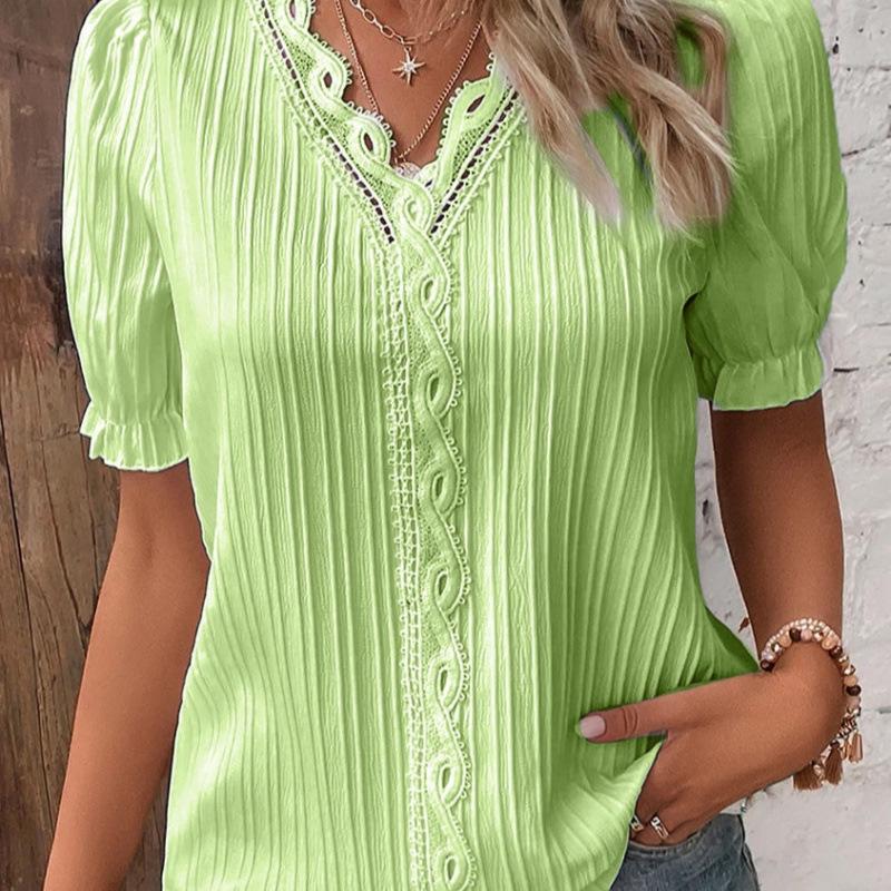 2023 Summer Women's European and American Fashion Hollow Short-Sleeve Shirt
