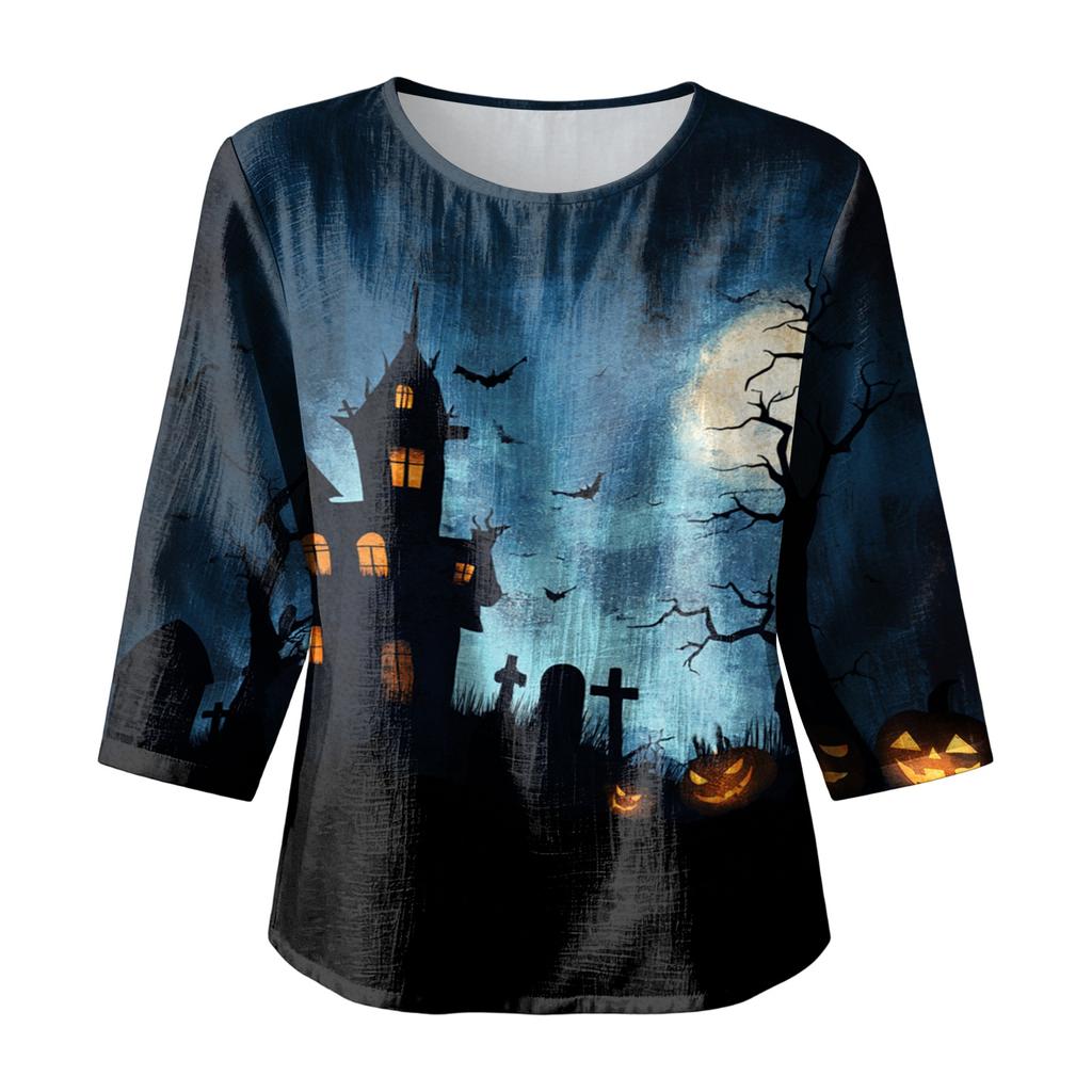 Women's Happy Halloween Print Blouse - Round Neck Three-Quarter Sleeve Cotton Linen Casual Top for Holiday Costume and Everyday Wear