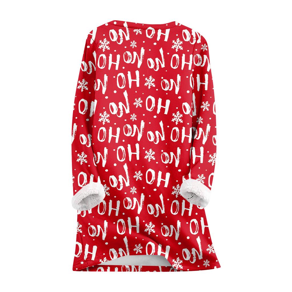 Kadın Yuvarlak Yaka Üst Baskılı Kalınlaştırılmış Peluş Kaşmir Sıcak Uzun Üst