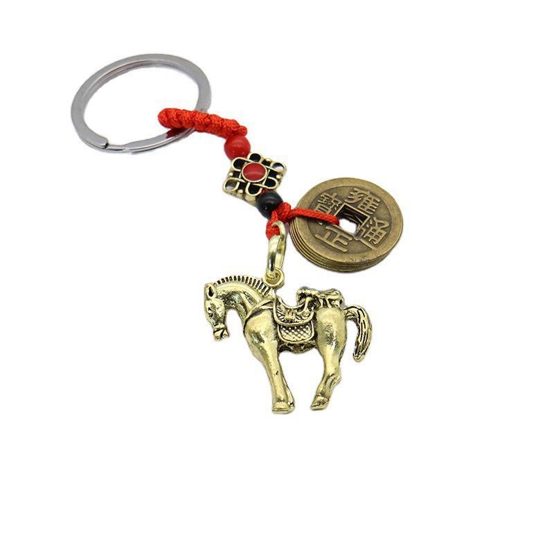 Red Cord Auspicious Pendant with Five Emperor Coins - Brass Retro Car Keychain for Prosperity