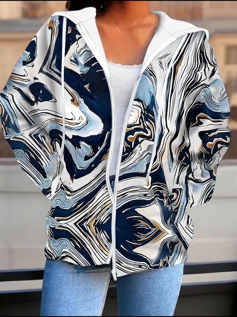 Marble Pattern 3D Printed Hooded Cardigan Plus Size Autumn Winter Retro