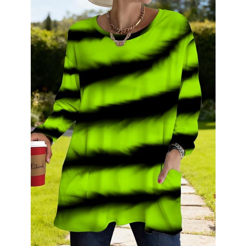 Women's Long-sleeved Round-neck T-shirt, Suitable for Spring, Autumn and Winter Seasons. It Has Pockets and Print Designs. Machine Washable.