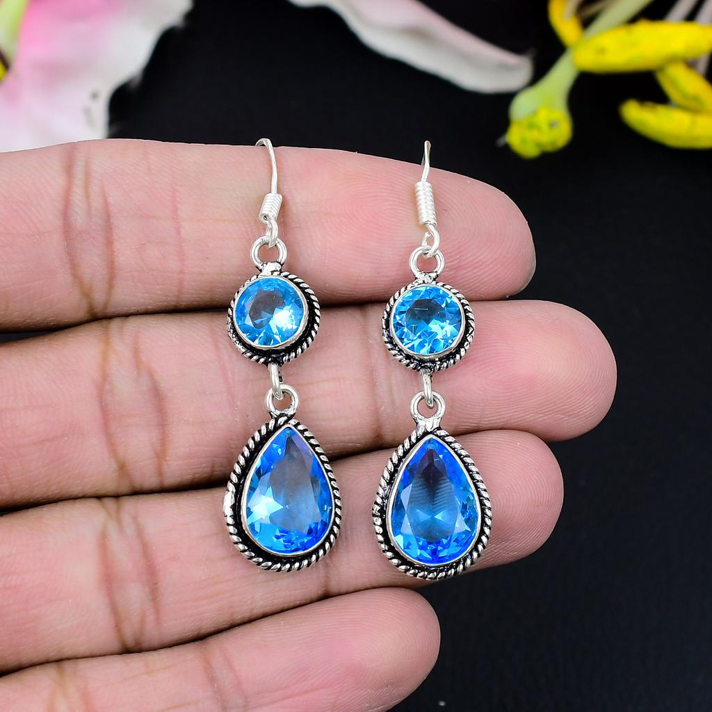 Tanzanite Quartz Gemstone Handmade 925 Sterling Silver Earring 2.56" KG-423
