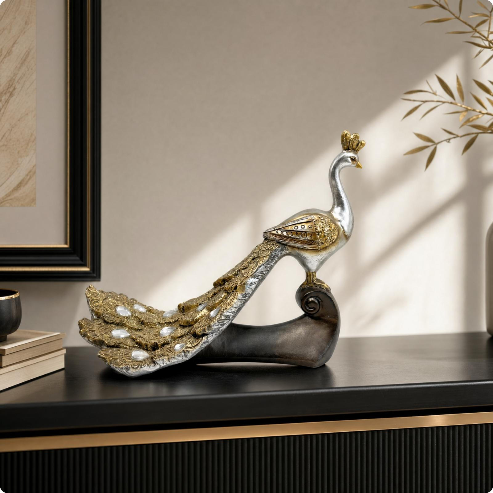 Peacock Figurine Ornate Statue Embossed Bird for Living Room, Beverage Cabinet
