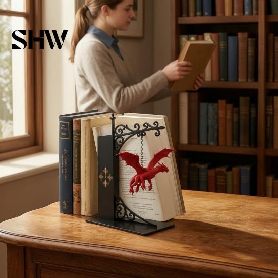 Unique Dragon Decor for Office Flying Bookshelf Light, Decorative Bookend Light & Desk, Iron Book Ends Sculpture Support, Heavy Duty Organizer