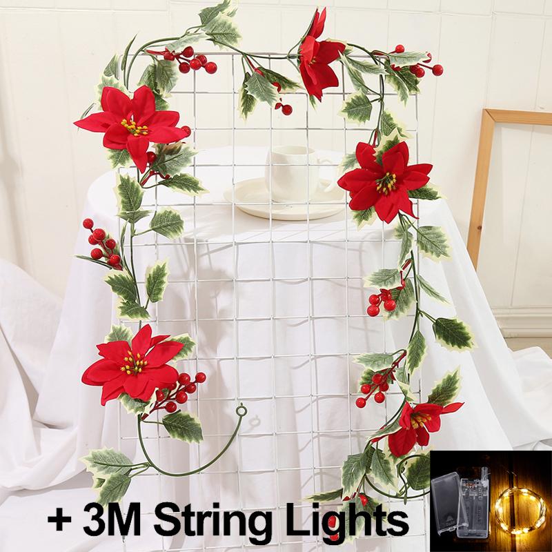 2M Artificial Christmas Garland Leaf String Lights Red Berries Ivy Vine Rattan Wreath Lighting Strings For Xmas Tree Party Decor