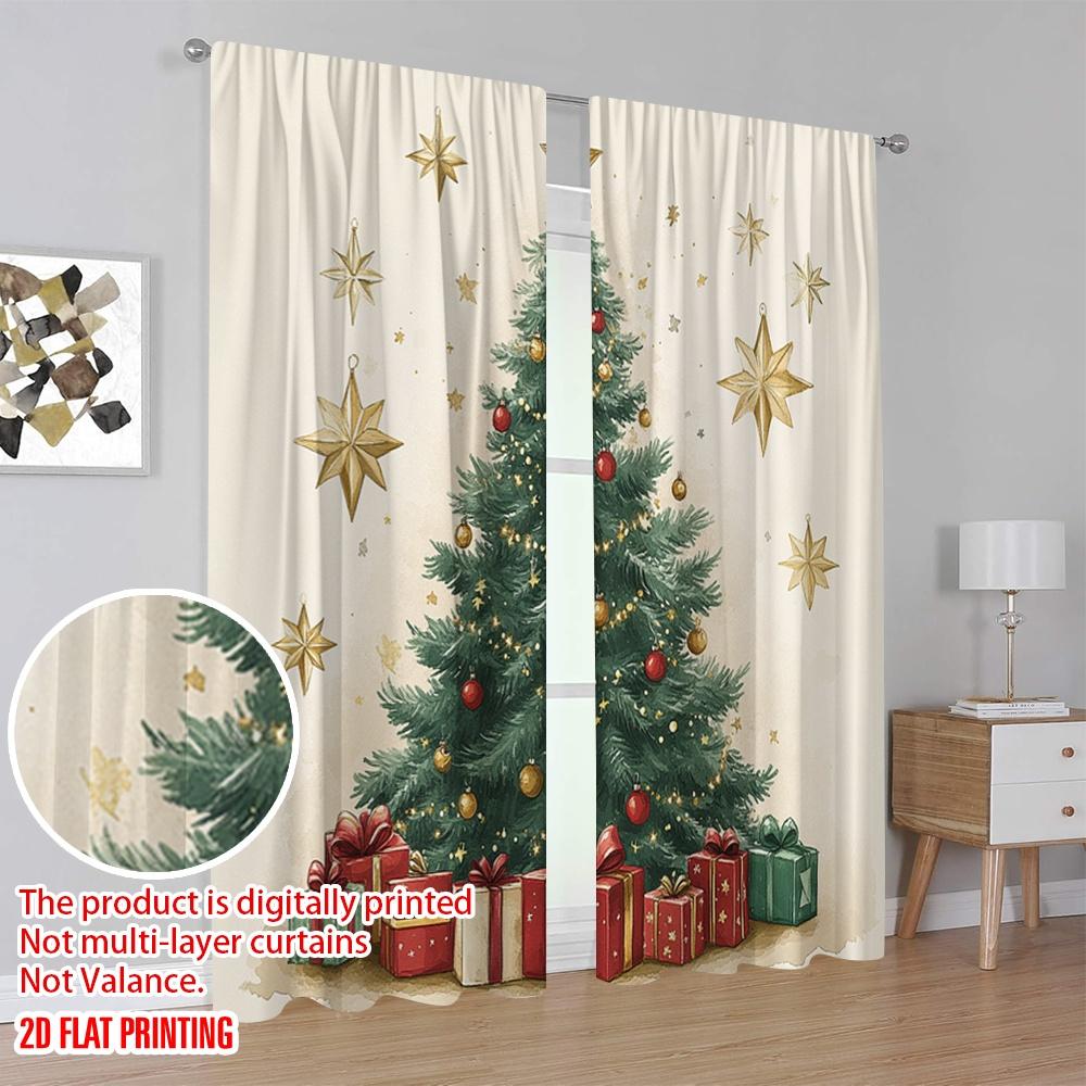 2pcs,2D Plane Printing Curtains&Window Treatment Christmas Tree Gifts Stars_a (3) Polyester Woven (without Rod) Home Decor for