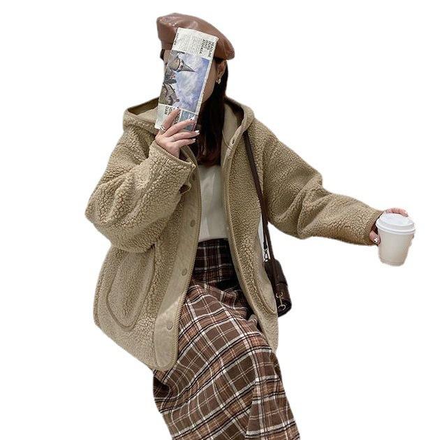 Women's Chic Loose  Autumn Winter Cute Ins Hooded Button Up Jacket Warm Lamb Coat Outerwear