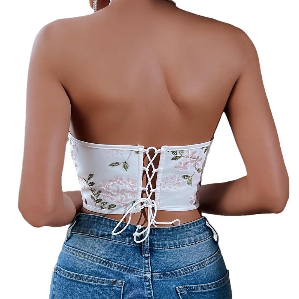 Embroidered Fishbone Steel Ring Backless Strap Top - Sexy, High-End Design