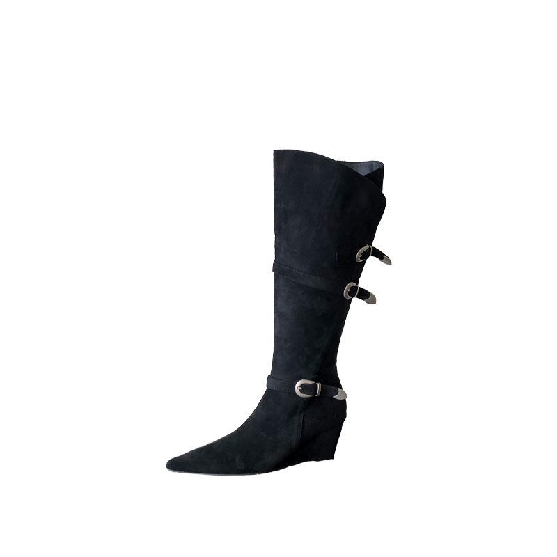 2025 Autumn and Winter New Pointed Wedge Temperament French Fashion Beautiful Women Boots Suede Wedge Heel Belt Buckle Boots