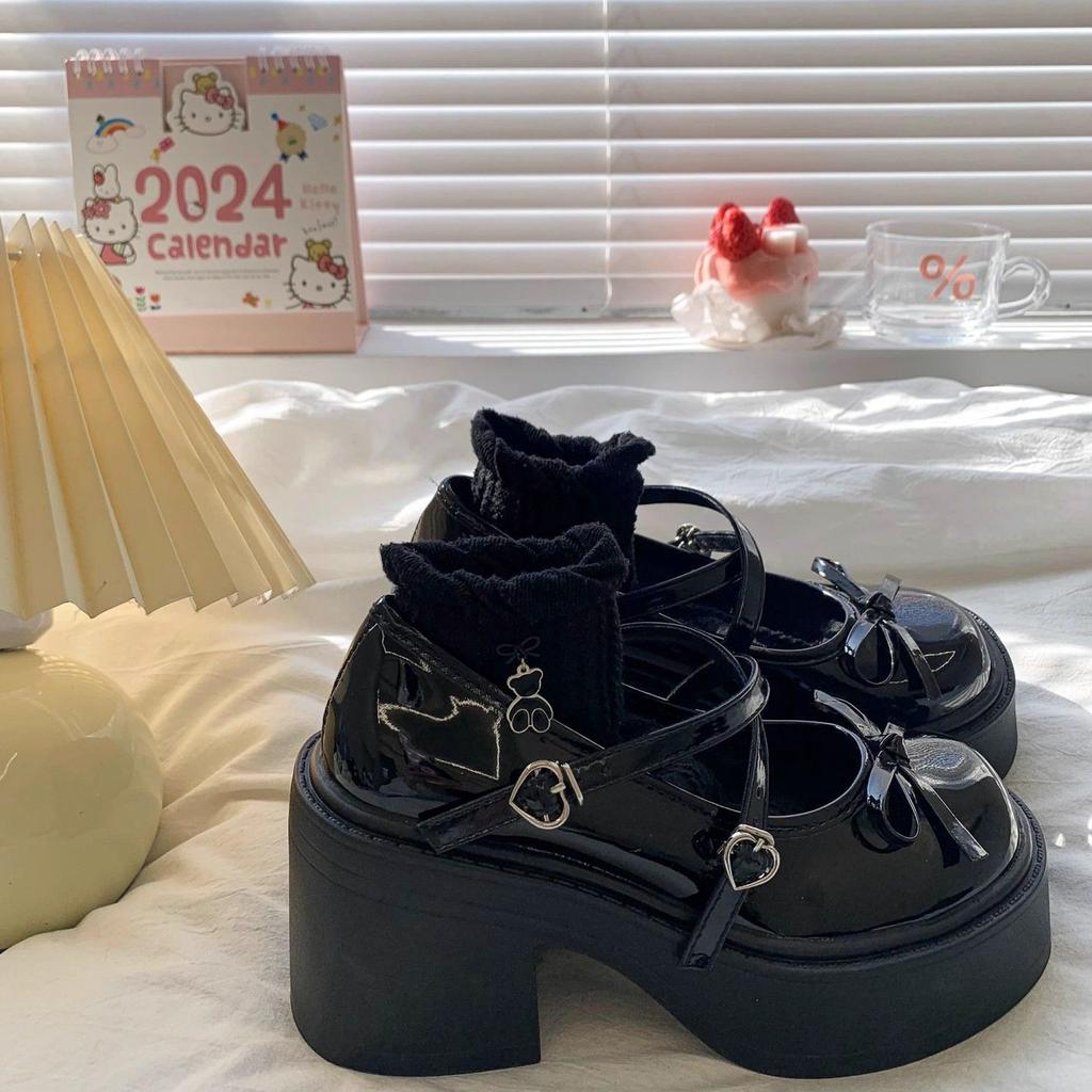 Summer new Japanese jk heightening French versatile Mary Jane single shoes bow thick high heel small leather shoes women