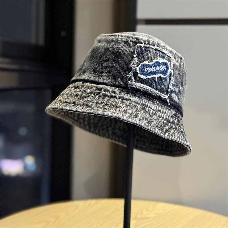 

Distressed vintage design patch denim fisherman hat, unisex, versatile, street fashion, face-slimming bucket hat Adult54-60Adjustable чёрный
