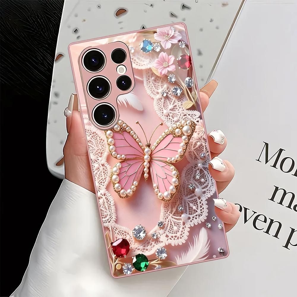 Pink 2D Butterfly Metallic Glass Phone Case Suitable for Samsung GalaxyS26 S25 S24 S22 S21 S20FE/Ultra/Plus Anti Drop Rear Cover