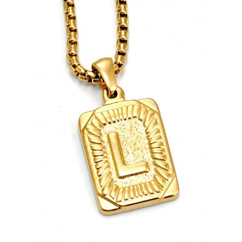 18K Gold Square Double-sided English Letter Pendant for Men, Titanium Steel Necklace
