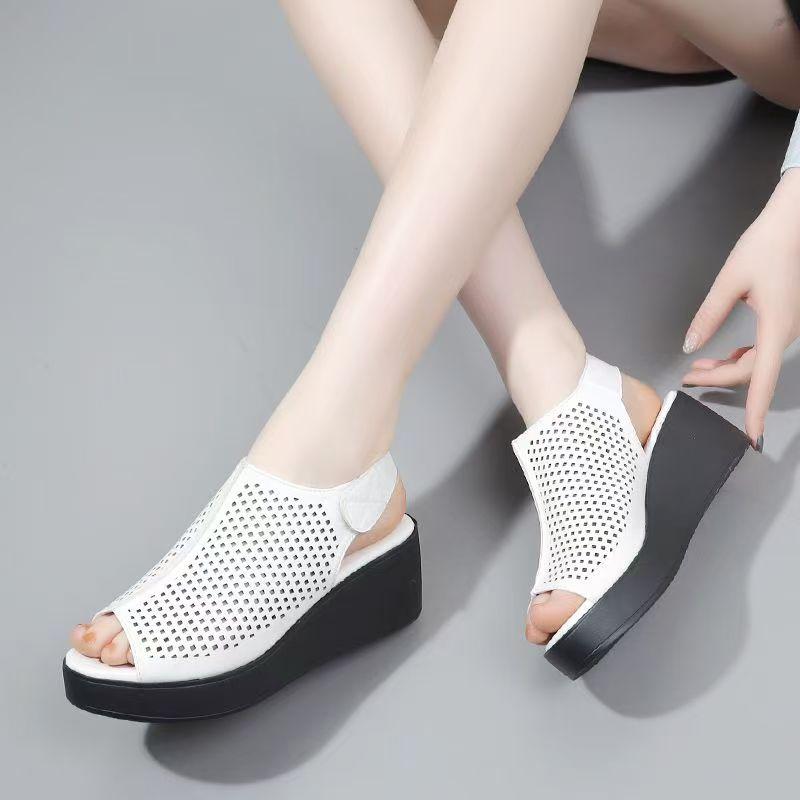 Women's Summer Leather Big Size Peep Toe Sandals Thick Sole Non Slip Hollow Out Velcro High Heel Sandals Light Wedges Sandals