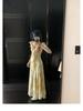 Yellow Strappy Summer Beach Dress: Elegant Ruffled French Style with Puff Sleeves and Cinched Waist