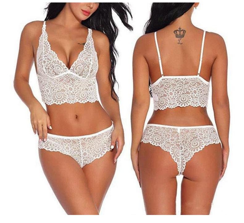 Conjunto de Sujetador de Encaje con Escote en V Profundo de Verano y Braguita - Lencería Sexy Bralette Ropa Interior para Mujer