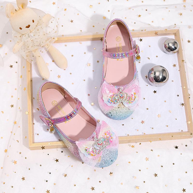 

New children s princess shoes, girls leather shoes, fashionable Korean-style high-heeled colorful sequin girls high-heeled leather shoes 22 розовый