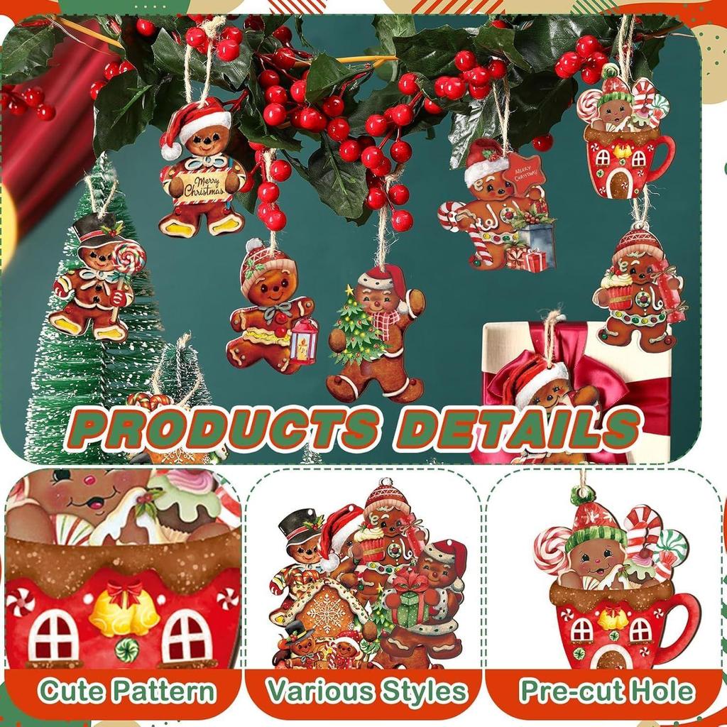 16Pcs Christmas Decorations, Gingerbread House Ornaments, Festive Tree Hanging Decor for Holiday Party, Classroom and Office, Family Activity