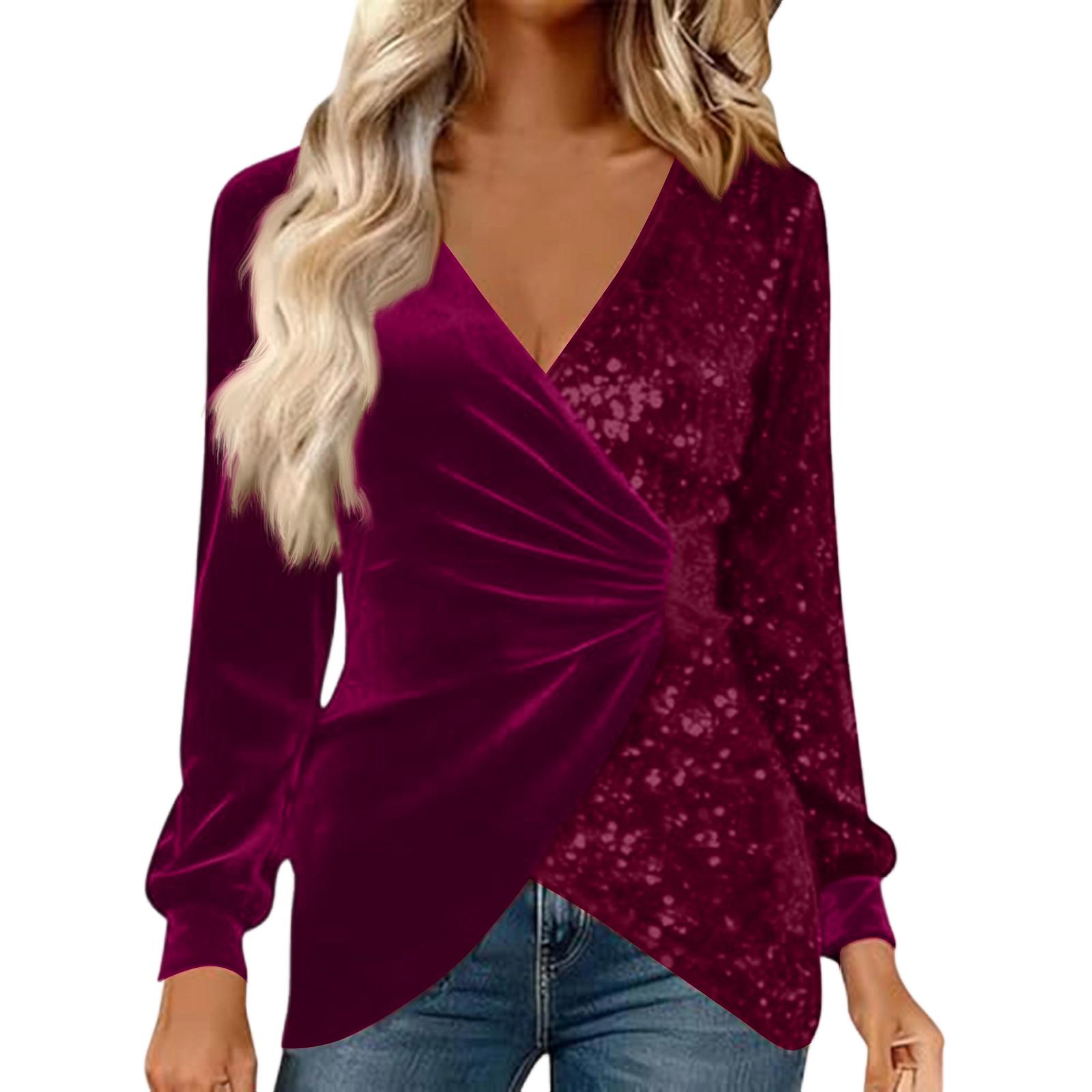 

Women’s Long Sleeve V Neck Velvet Blouse with Ruched Front and Asymmetric Hem Casual Loose Fit Top Shirt XL винний