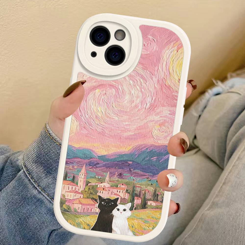 Black Cat Van Gogh Phone Case For IPhone 16 15 14 11 12 13 Pro Max Plus Back Leather Shell