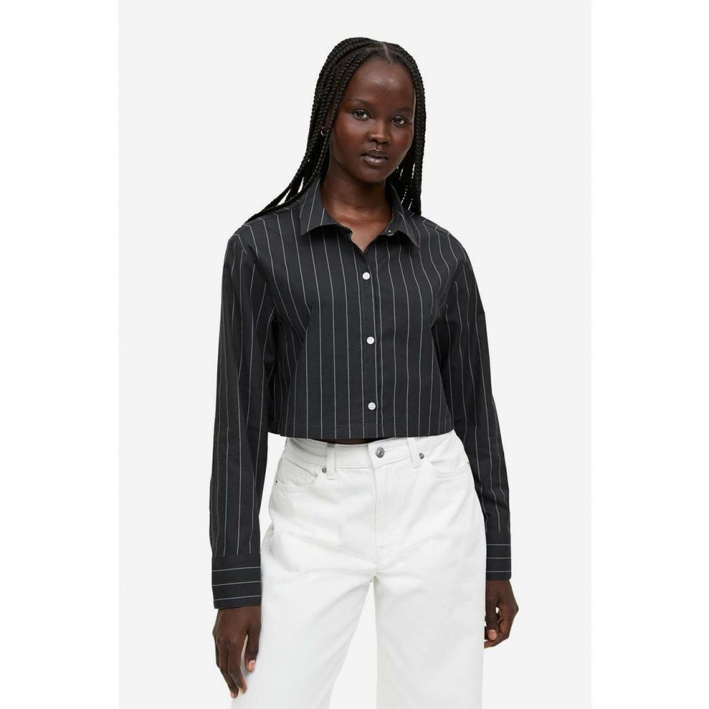 

Хлопковая укороченная рубашка HM Темно-серая в тонкую полоску 1155485002