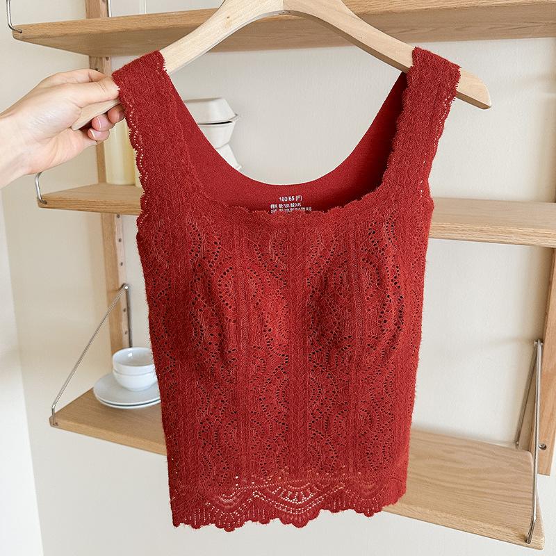 French lace autumn and winter sling vest with no bra inside, one-piece warm and thin bottoming top