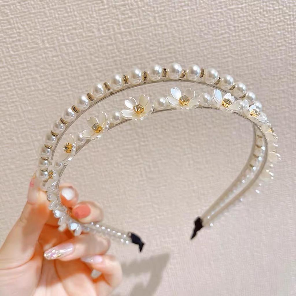 2 Layers Pearls Headbands White Flower Designs Elegant Floral Hairbands for Women Girls Daily Bangs Hair Jewelry
