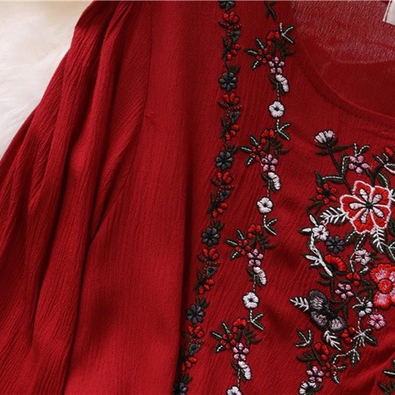 RUGOD 2022 National Style Round Neck Shirt Women's Design Loose Cotton Linen Embroidery Flower Retro Ruffled Slim Top
