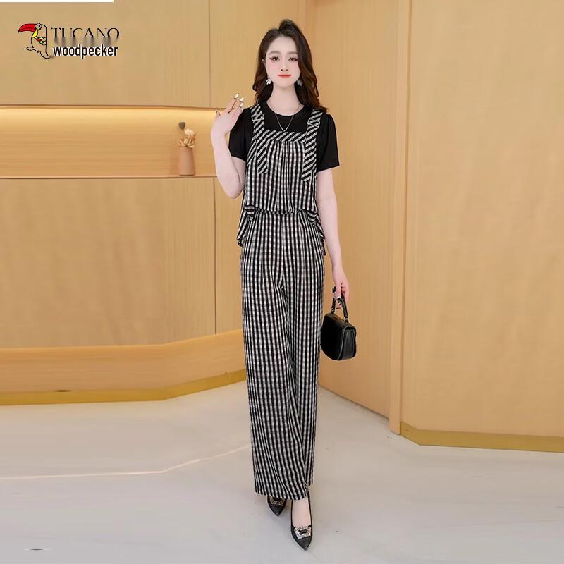Women s Summer Fashion Loose Plaid Two-Piece Set 2XL