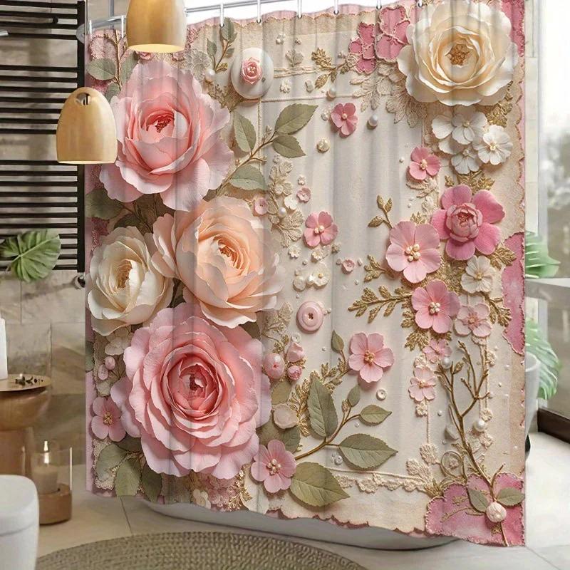 1Pc Vintage Floral Shower Curtain, Polyester Woven Fabric With Pink And Beige Roses Lace Design, Romantic Bathroom Decor, Was