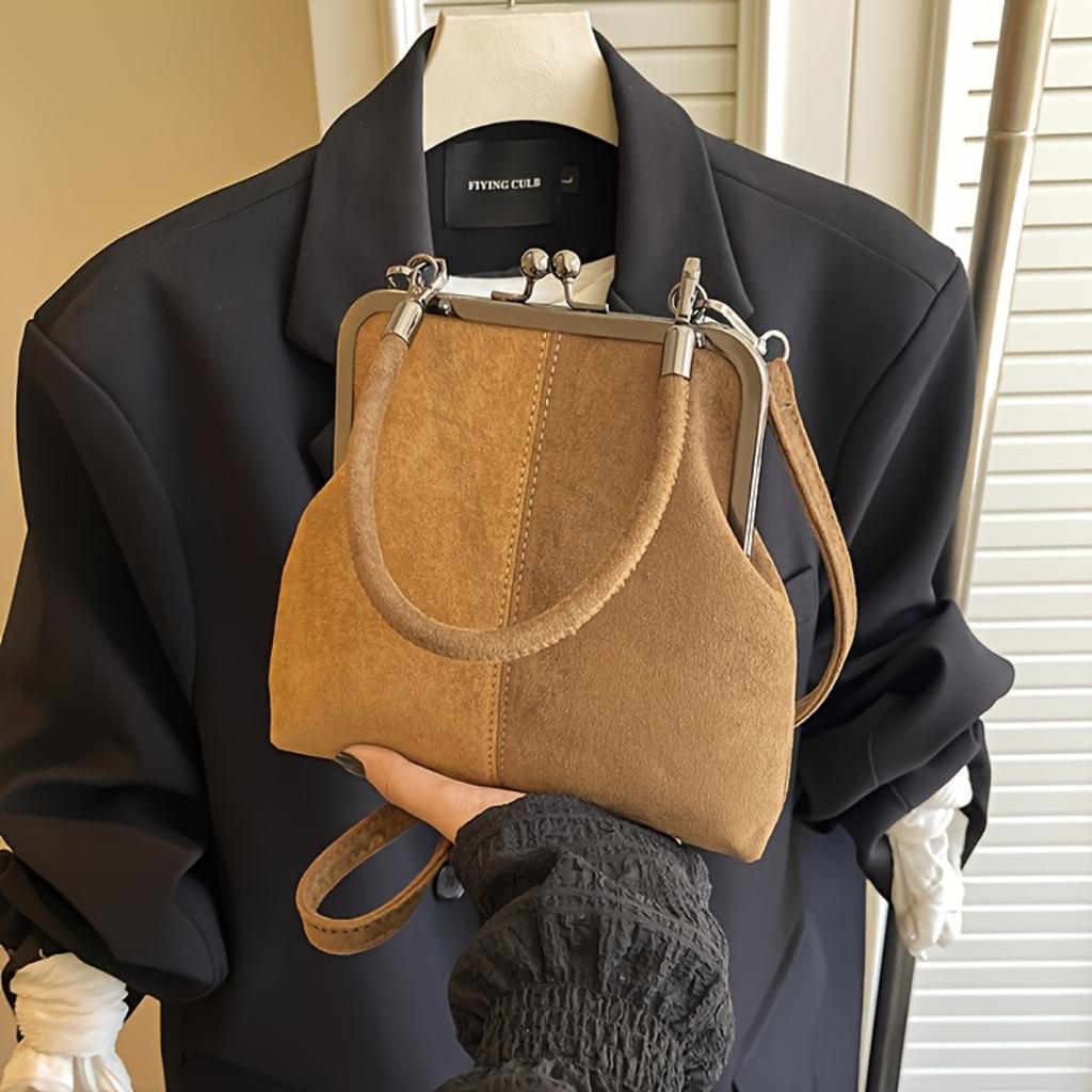 Vintage Color Block Faux Leather Crossbody Handbag,Kiss Lock Purse With Adjustable Strap,Polyester Lining Lightweight City Bag For Daily Use Gifts