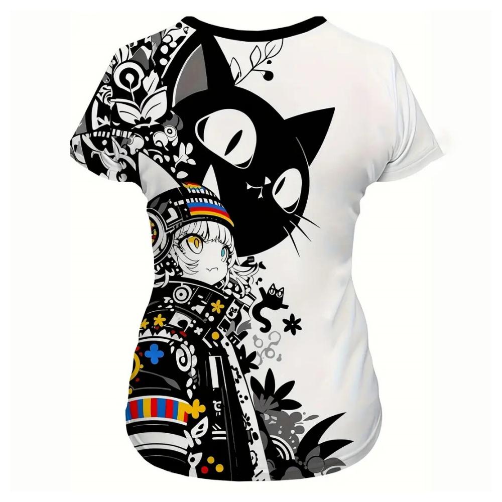 Women's T-Shirts Summer Casual Short Sleeve Tops Crew Neck Tee Fashion Streetwear Female Oversized Clothing Cartoon Cat T-Shirts