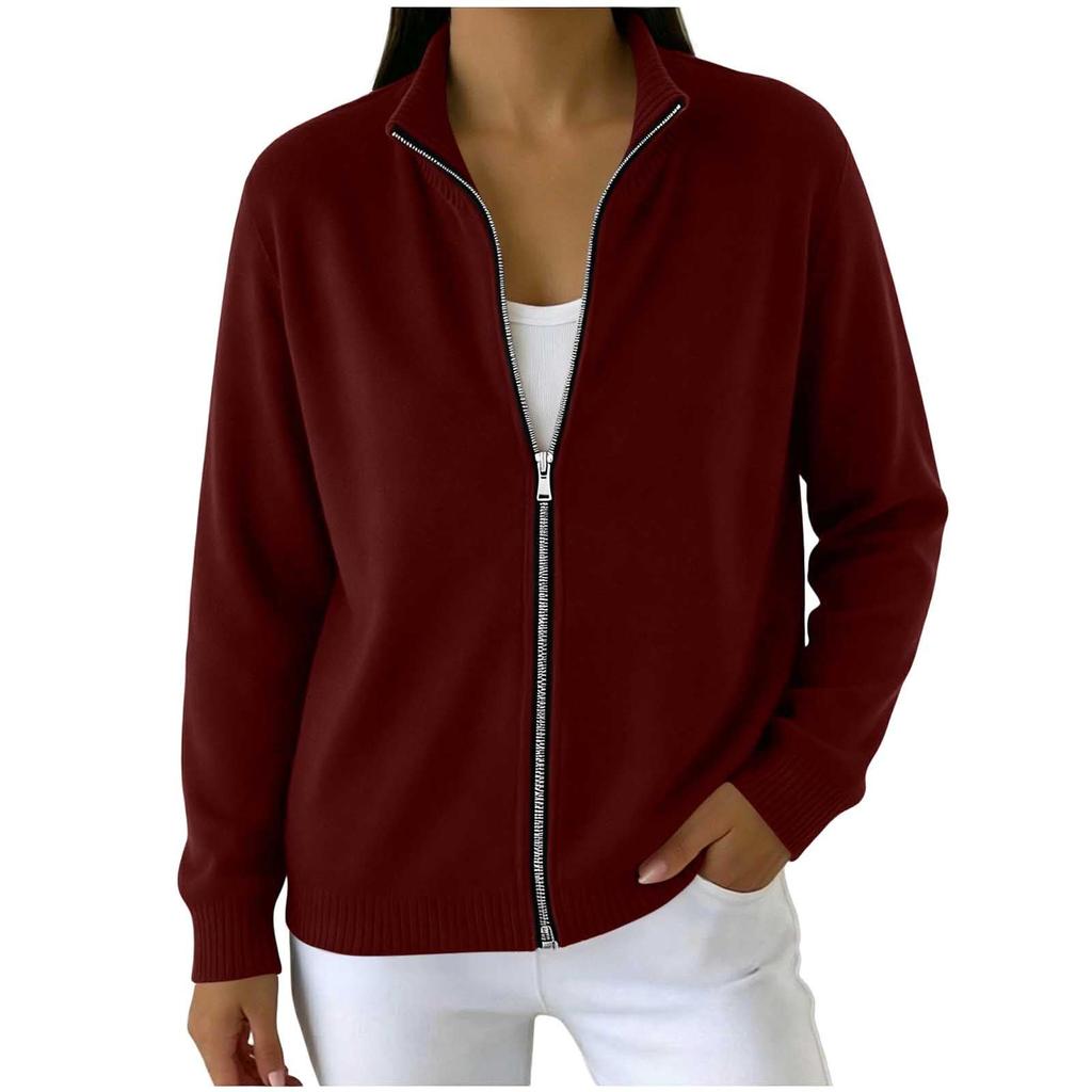 Women's Stylish Zip-Up Half Turtleneck Long Sleeve Knit Cardigan Sweater Jacket for Everyday Wear