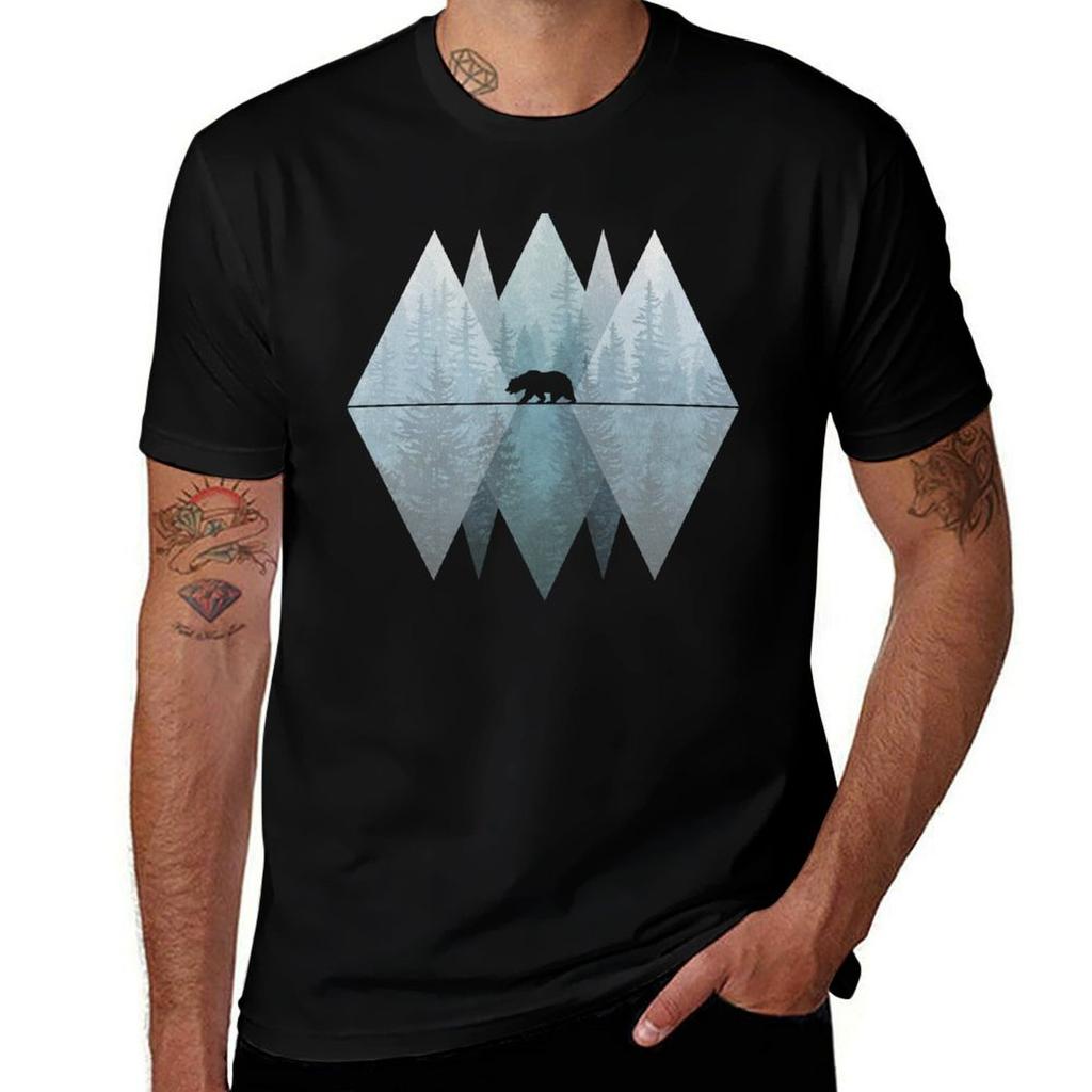 Misty Forest Mountain Bear T-Shirt Art Pattern Printed Casual Top