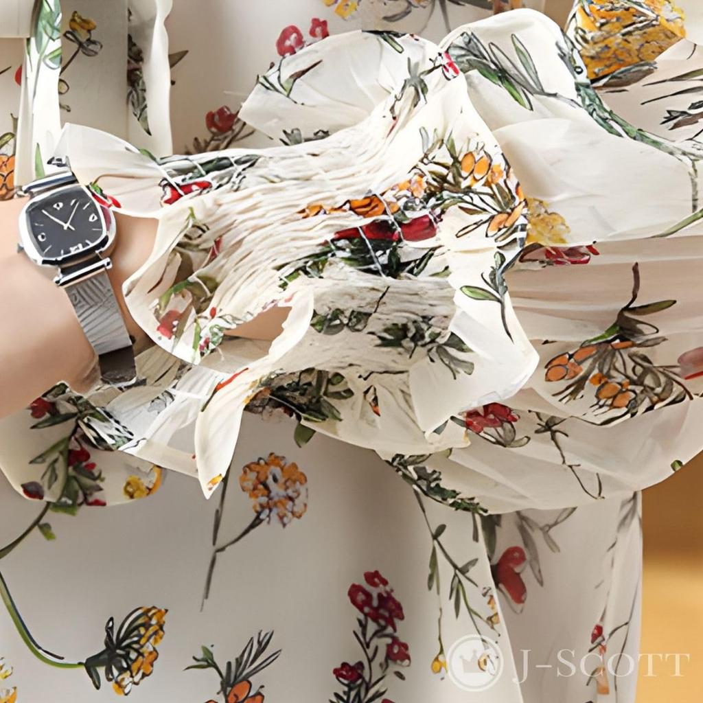 Floral Bowtie Puffy Gathered Long J-Scott Blouse, Chiffon, Sleeves, Cuffs, Lined, Sleeves, Feminine, White, JS76-WH-M