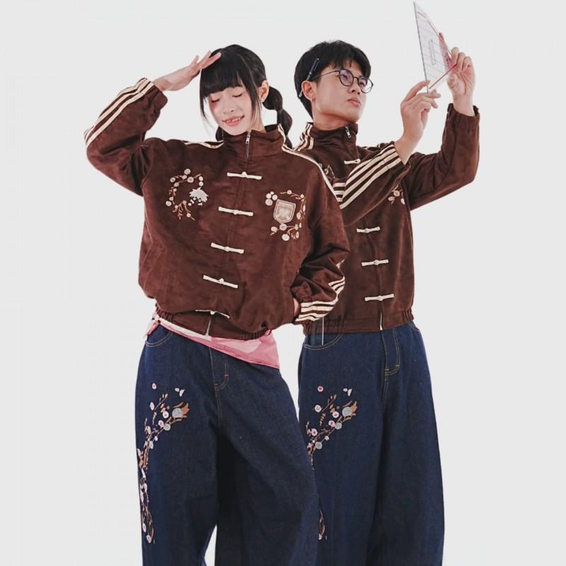 Unisex Oversized Chinese Style Embroidered Cherry Blossom Jacket With Mandarin Collar Toggle Buttons