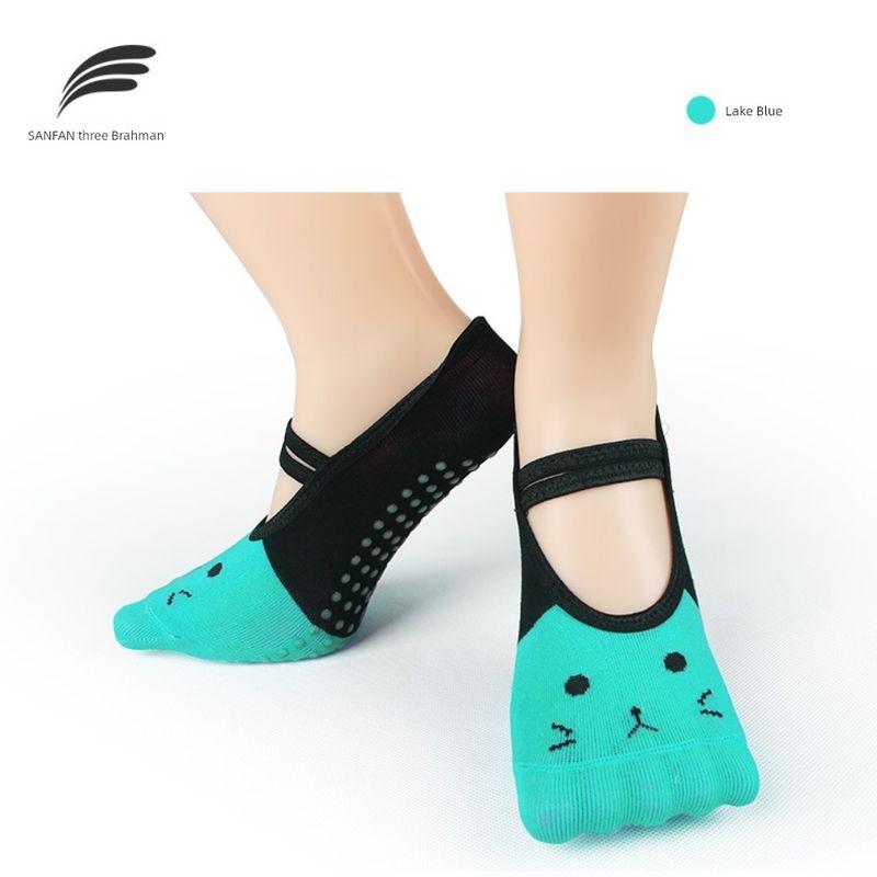 

New Arrival Yoga Socks Moisture Absorption Breathable Silicone Non Slip Organic Combed Cotton Soft Running Clothing Non-Slip Socks Kitty Little Shoelace Yoga Socks (Lake Blue)