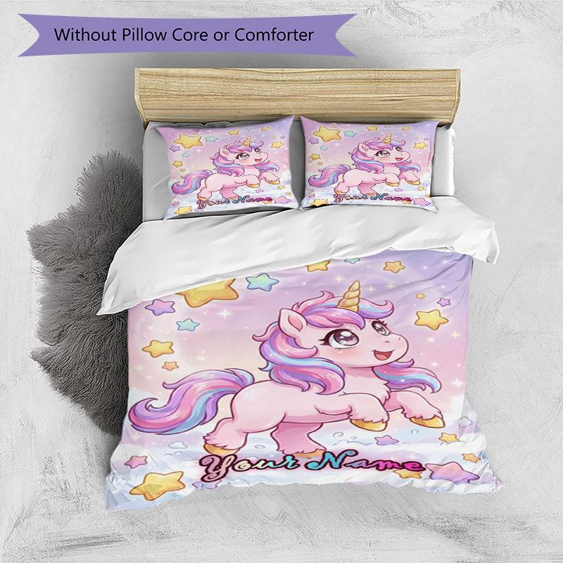 3pcs Custom Name Magical Unicorn Dreams Bedding Set Printed Bedding Set Duvet Cover Closure Includes 1 Duvet Cover & 2 Pillowcases Bedroom Decor