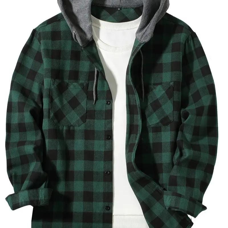 Cozy Up Herren Flanell Hoodie Hemden Lässig Button-Down Kariertes Hemd für Männer Langarm Stilvoll mit Kapuze mit Tasche M dunkelgrüne