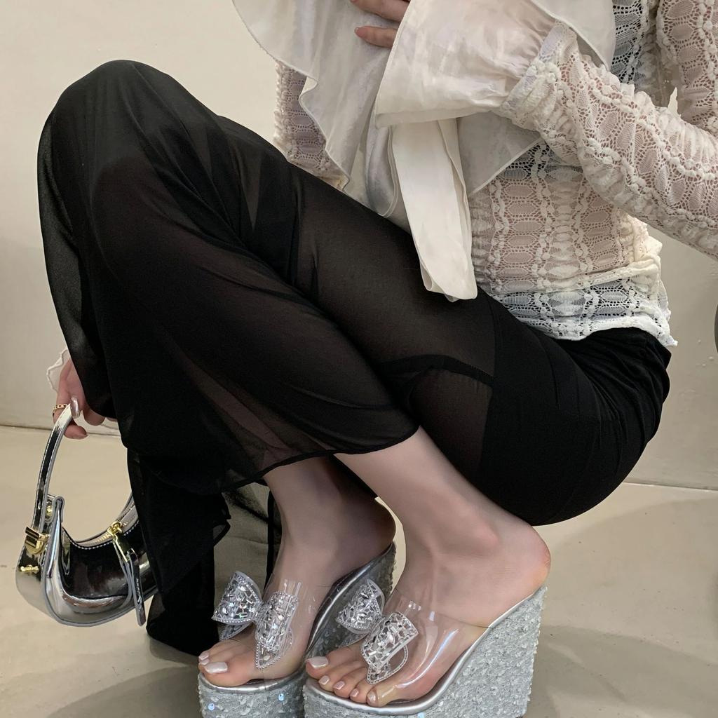 Summer PVC Transparent Butterfly-knot Sandals Women Open Toe Platform Wedges Heels Sequin Cloth Party Shoes