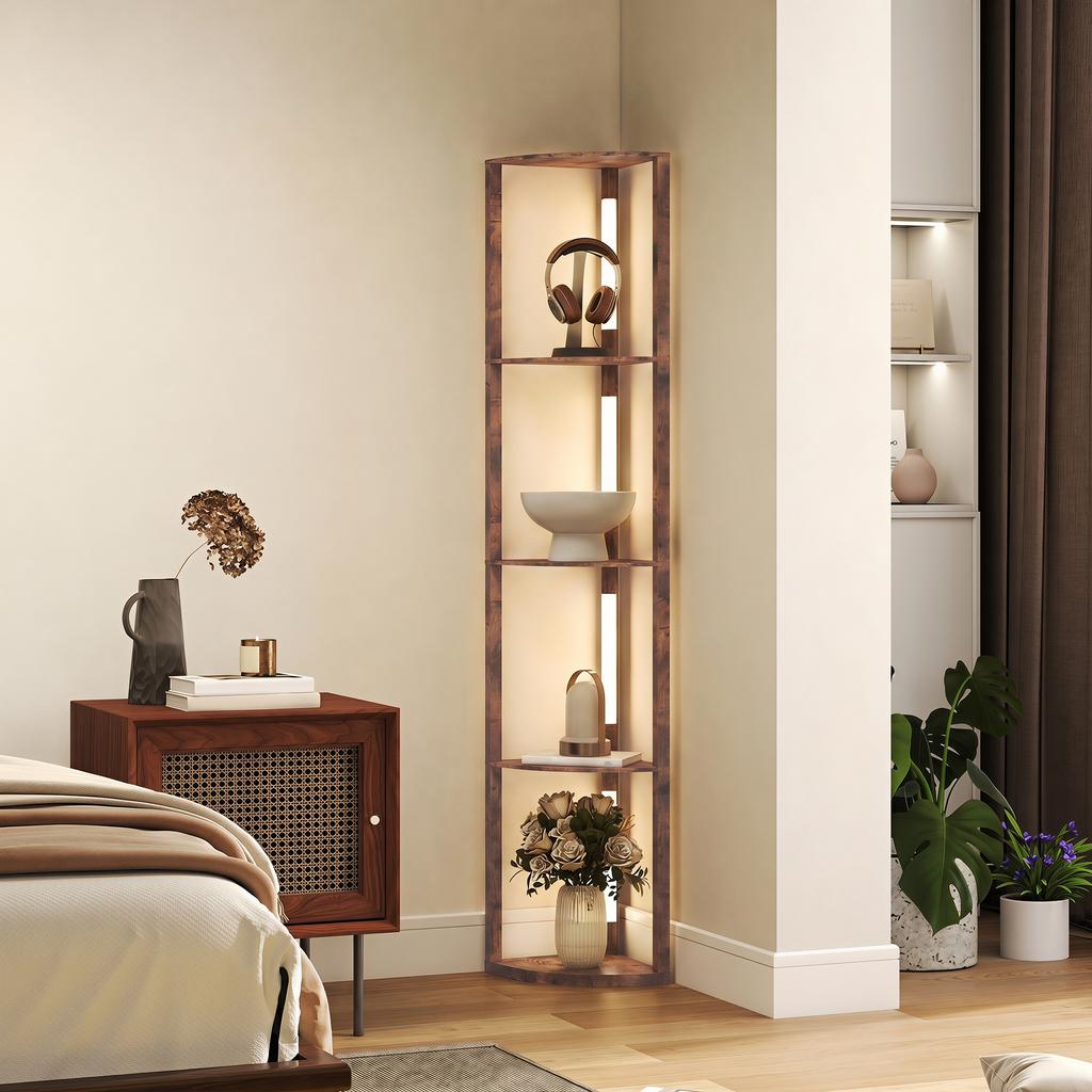 Lampada da Terra a LED con Mensole, 5 Livelli Dimmerabile, Lampada da Terra Moderna con 3 Livelli di Luminosità e Interruttore a Pedale, Marrone Rustico
