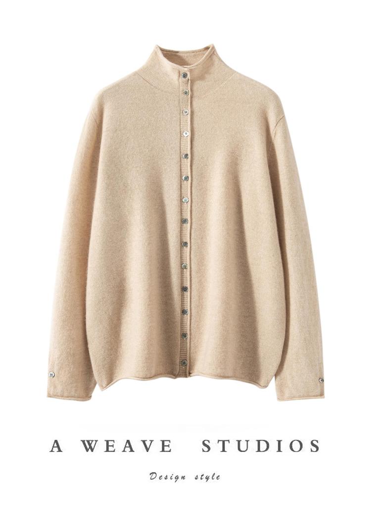 Design-Conscious Pure Cashmere Twelve-Stitch Roll-Edge Turtleneck Cardigan - Autumn/Winter Solid Color Loose Fit