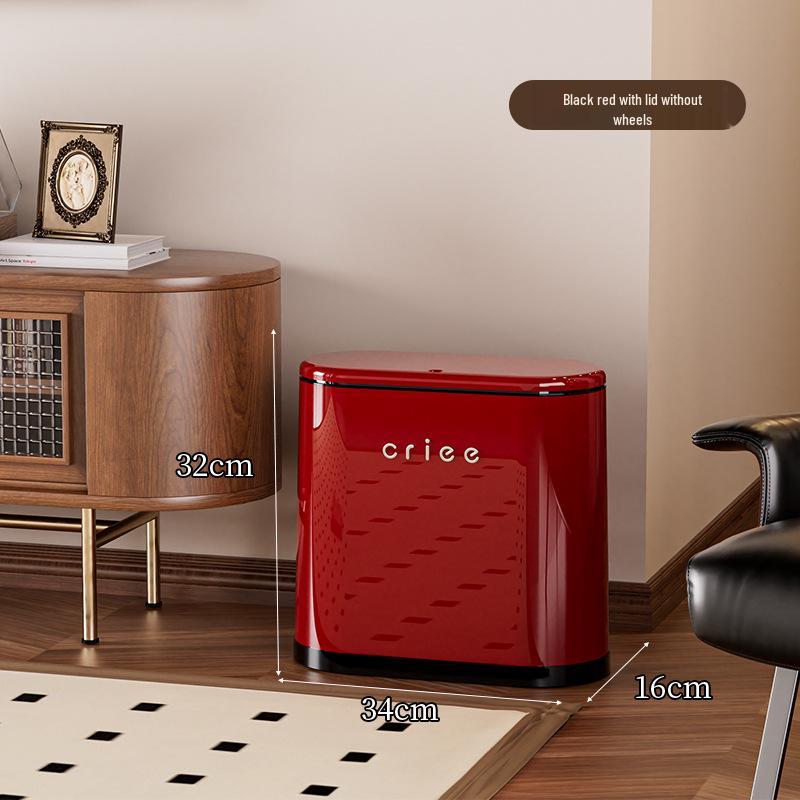 Red Oval Press-Type Trash Can with Lid for Bathroom and Living Room