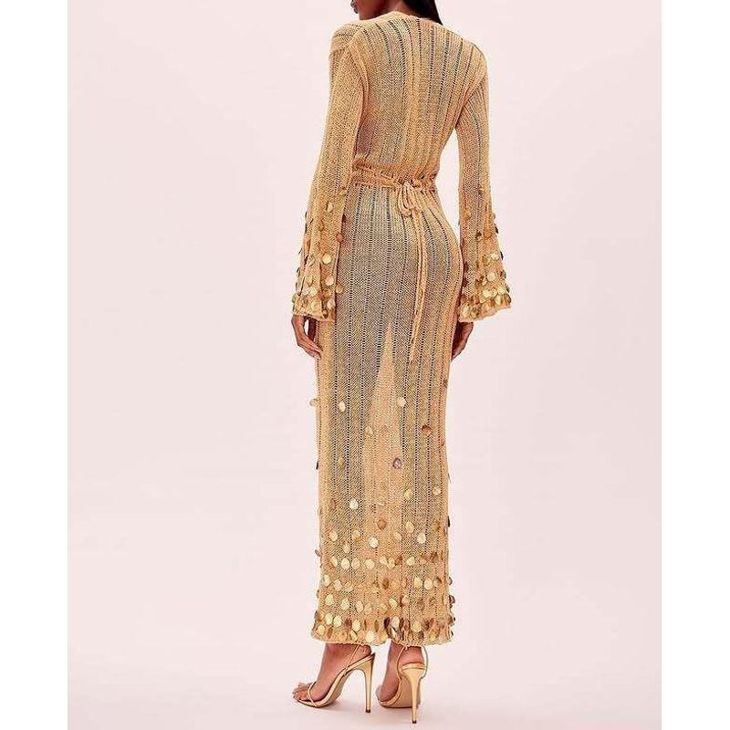 

Трикотажный комбинезон с глубоким V-образным вырезом, поясом и пайетками, европейско-американский стиль, весна-осень 2025, перспективный, в стиле светской львицы Gold XL