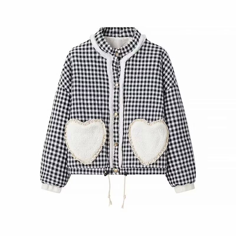Kaslead New Women Clothes Western Style Fashion Simple and Versatile Lace Plaid Cotton-Padded Coat Outerwear