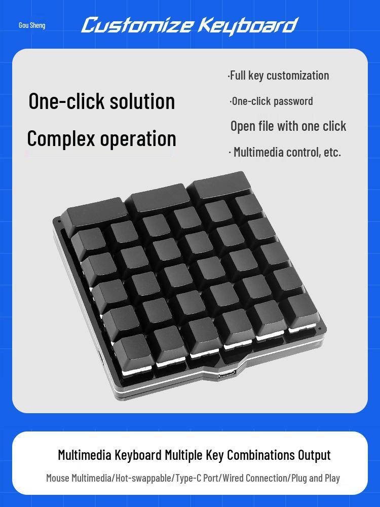 Custom USB Mechanical Macro Keyboard - 33 Keys, 6 Rows, Programmable for Shortcuts and Passwords
